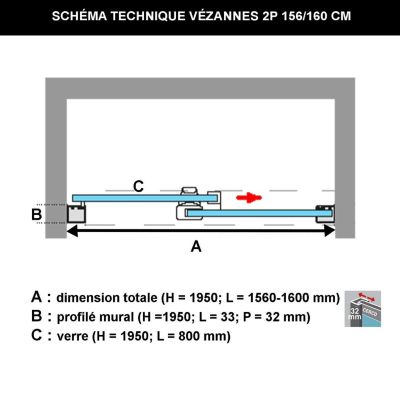 Paroi de douche porte coulissante DROITE en verre ép 6mm L156/160xH195 cm - profilé or - SUPERBAN Vézannes 2P