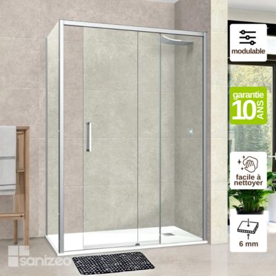 Paroi de douche porte coulissante et paroi latérale GAUCHE - L.128/132xl.80xH195 cm - verre 6mm Chrome SUPERBAN Vézannes 2PL