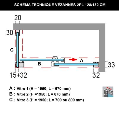 Paroi de douche porte coulissante et paroi latérale GAUCHE - L.128/132xl.80xH195 cm - verre 6mm Chrome SUPERBAN Vézannes 2PL