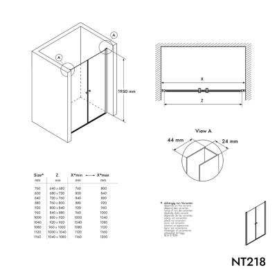 Paroi de douche Profil noir mat 88x195cm en verre 6mm, Cabine de douche niche encastrée 2 portes battantes - NT218