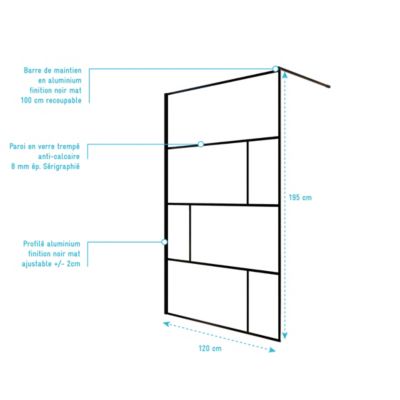 Paroi de Douche Serigraphie Brique 120x195cm - Verre Anti-Calcaire 8mm - Profilé Noir Mat