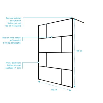 Paroi de Douche Serigraphie Brique 140x195cm - Verre Anti-Calcaire 8mm - Profilé Noir Mat