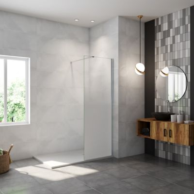 Paroi de douche verre trempé sérigraphié Brume en 8 mm verre - 90 x 200 cm - Profilés chrome avec barre de fixation 140cm