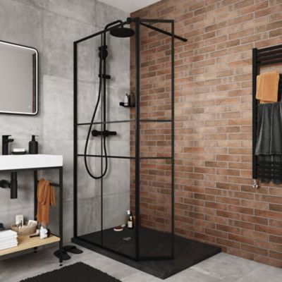 Paroi de douche walk in et volet verre transparent profilé noir 90 + 28 cm, GoodHome Ahti