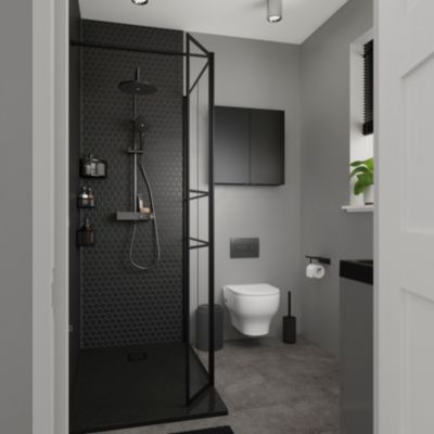 Paroi de douche walk in et volet verre transparent profilé noir 90 + 28 cm, GoodHome Ahti