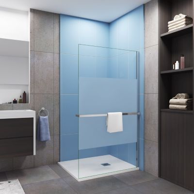 Paroi douche italienne 100x200 cm verre 8mm anticalcaire bande dépoli + Étagère de Douche alu chromé 100 cm