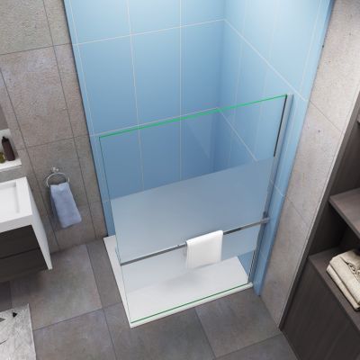 Paroi douche italienne 100x200 cm verre 8mm anticalcaire bande dépoli + Étagère de Douche alu chromé 100 cm