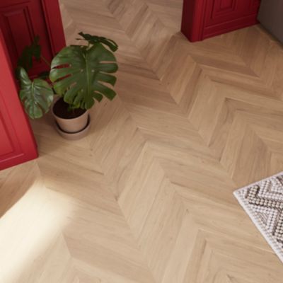 Parquet contrecollé à coller point de hongrie en chêne GoodHome Eslov finition vernis mat coloris naturel L.54 x l.9 x ép.1,4 cm