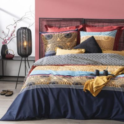 Parure de couette folk en percale de coton (240x220 cm - Bleu Marine)