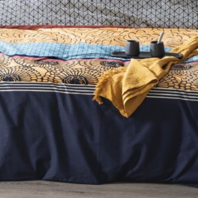 Parure de couette folk en percale de coton (240x220 cm - Bleu Marine)