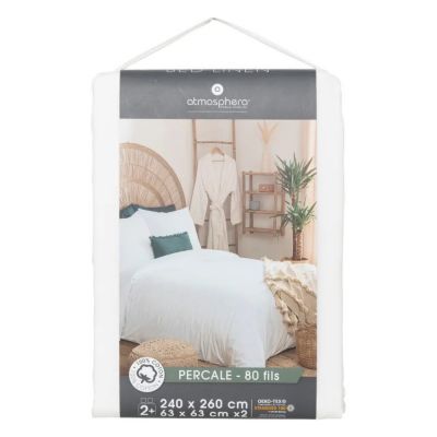 Parure de lit 2 Personnes en percale de coton Blanc 260 x 240 cm Housse de couette avec 2 taies