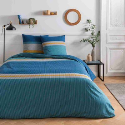 Parure De Lit Queen 100% Coton égyptien – 1200 Fils – Rayures Bleues