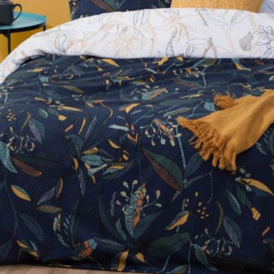 Parure de lit en percale de coton au style nature (240x220 cm - Bleu Foncé)