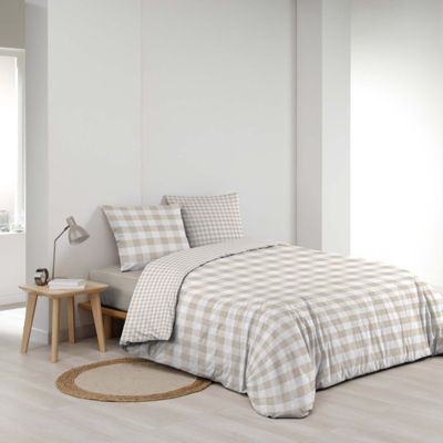 Parure Housse de couette 3 Pièces - Vichy Carreaux Beige - 240 x 220 cm - 220x240cm - Beige