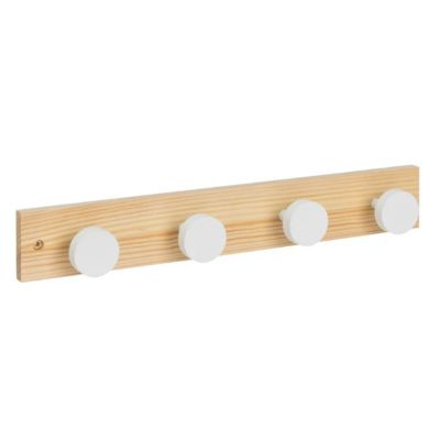 Patère portemanteau à 4 crochets rondes coloris Blanc et bois de pin coloris Beige - Longueur 40 X Largeur 5,50 cm