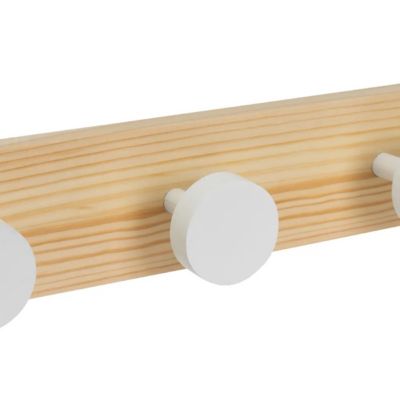 Patère portemanteau à 4 crochets rondes coloris Blanc et bois de pin coloris Beige - Longueur 40 X Largeur 5,50 cm