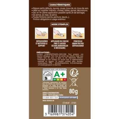Pâte à bois rebouche petits trous Sintobois chêne foncé 80g