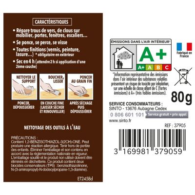 Pâte à bois rebouche petits trous Sintobois couleur naturel 80g