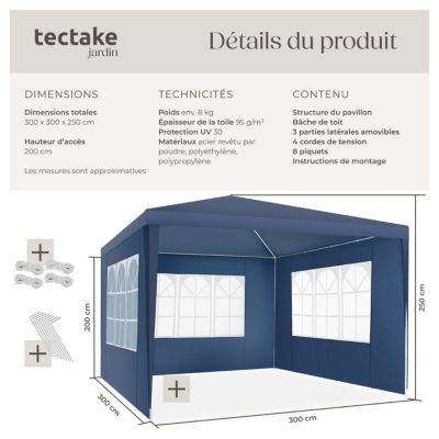 Pavillon 3 x 3 m avec système d'emboîtement bleu