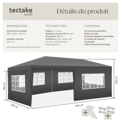 Pavillon 6 x 3 m avec système d'emboîtement gris