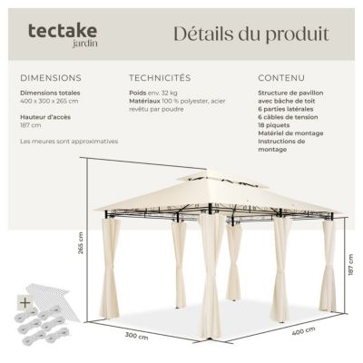 Pavillon de jardin 4 x 3 m crème
