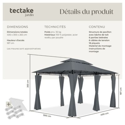 Pavillon de jardin 4 x 3 m gris anthracite
