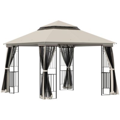 Pavillon de jardin avec toit double, 4 parois latérales, métal et polyester, beige, 2,99 x 2,99 x 2,74 m