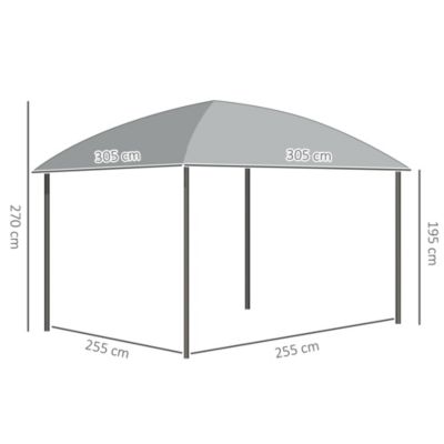 Pavillon de jardin barnum rigide dim. 3,05L x 3,05l x 2,7H m 4 rideaux zippés alu. acier polycarbonate noir polyester gris