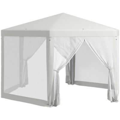 Pavillon de jardin hexagone, avec rideaux en filet, cadre en métal, 3,94x3,412x2,5m, crème
