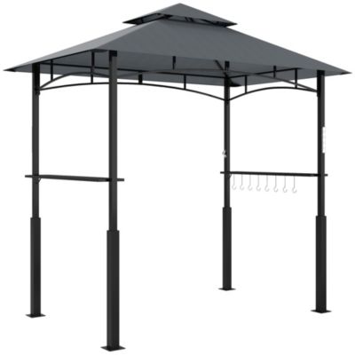 Pavillon pour barbecue 243L x 148l x 248H cm, métal et plastique, avec étagères à épices et éclairage LED, gris