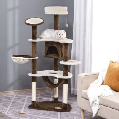 PawHut Arbre à chat XXL 153 cm avec niche hamac griffoirs et plateformes en peluche marron