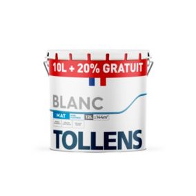 Peinture bicouche murs plafonds boiseries Tollens blanc mat 10L + 20% gratuit