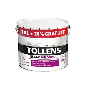 Peinture bicouche murs plafonds boiseries Tollens blanc velours 10L + 20% gratuit