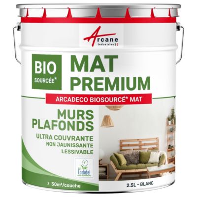Peinture Biosourcée pour salon, chambre et pièces à vivre - Mate Blanc - 2.5 L (+ ou - 30m² par couche) - ARCANE INDUSTRIES