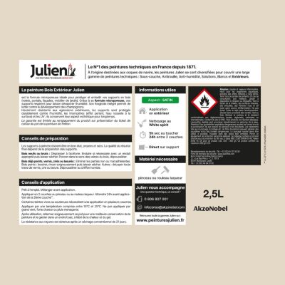 Peinture bois extérieur blanc perle satin Julien 2.5 L