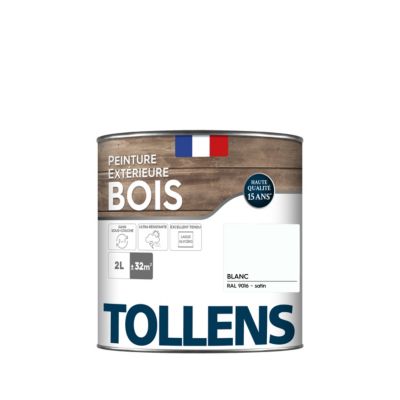 Peinture bois extérieur blanc RAL 9016 satin Tollens 2 L