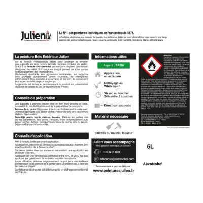 Peinture bois extérieur blanc satin Julien 5 L