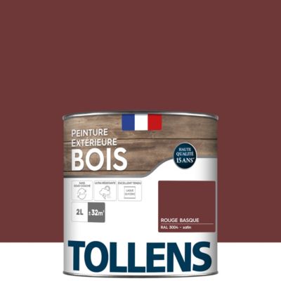 Peinture bois extérieur rouge basque RAL 3004 satin Tollens 2 L