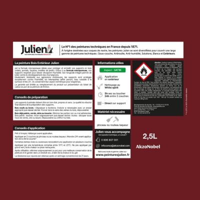 Peinture bois extérieur rouge basque satin Julien 2.5 L