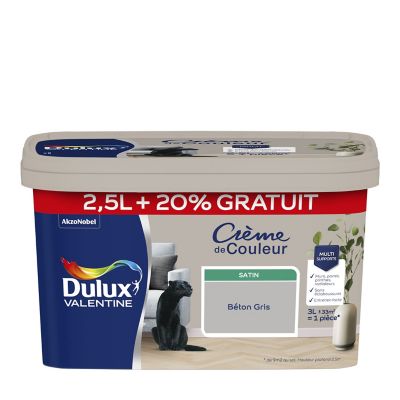 Peinture Crème De Couleur Dulux Valentine satin béton gris 2,5L + 20% gratuit