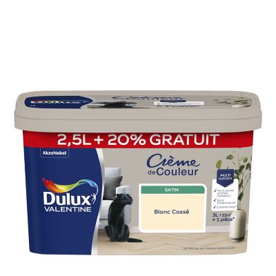 Peinture Crème De Couleur Dulux Valentine satin blanc cassé 2,5L + 20% gratuit