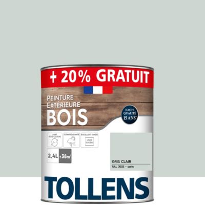 Peinture extérieure bois Tollens satin gris clair 2L + 20% gratuit