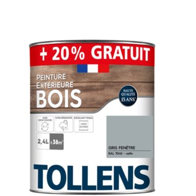 Peinture extérieure bois Tollens satin gris fenetre 2L + 20% gratuit