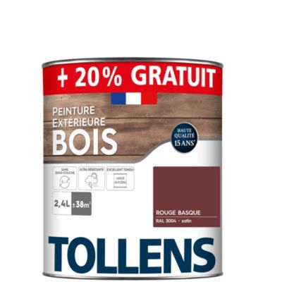 Peinture extérieure bois Tollens satin rouge basque 2L + 20% gratuit