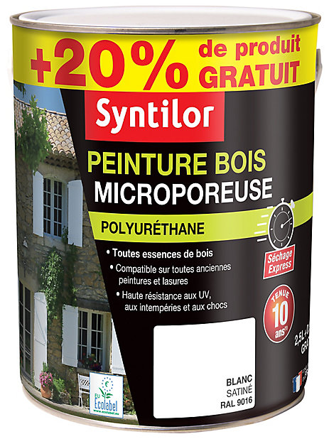 Peinture extérieure et intérieure bois microporeuse blanc Syntilor 2,5L +  20% gratuit