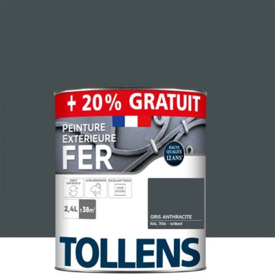 Peinture extérieure fer Tollens brillant gris anthracite 2L + 20% gratuit