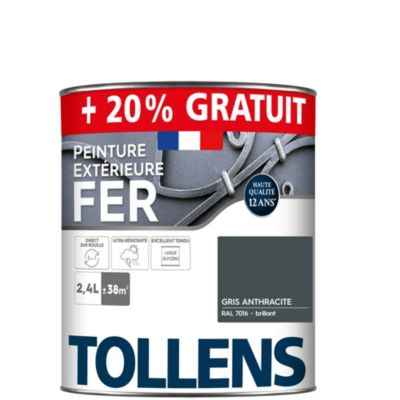 Peinture extérieure fer Tollens brillant gris anthracite 2L + 20% gratuit