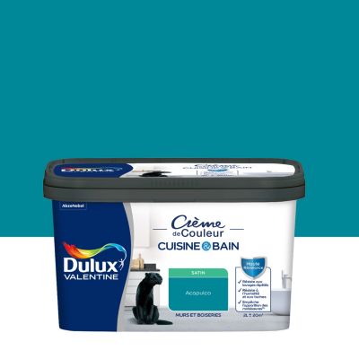 Peinture haute résistance Crème de couleur cuisine et bain Dulux Valentine bleu acapulco satin 2L