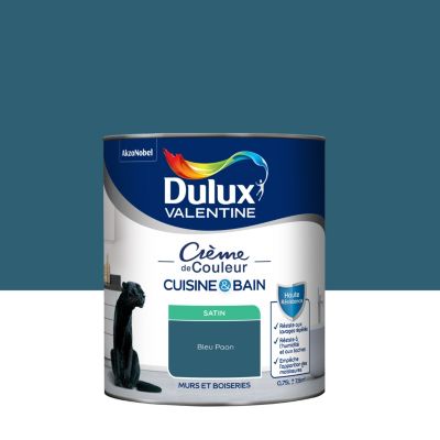 Peinture haute résistance Crème de couleur cuisine et bain Dulux Valentine bleu paon satin 0,75L