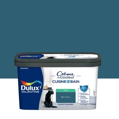 Peinture haute résistance Crème de couleur cuisine et bain Dulux Valentine bleu paon satin 2L